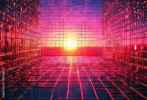 'FuturisticGrid s Retro background Retro Sci rendering fi sunset 3d Background Icon Abstract Design 3d Banner Vintage Art Computer Light Space Sun Poster Retro Digital Geometric Sunset Graphic' photo