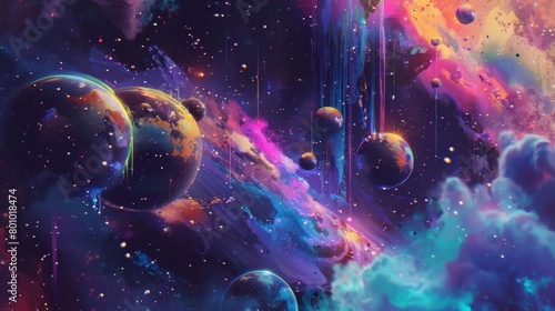 An abstract painting of a colorful and vibrant space scene, with planets, stars, and galaxies all swirling together in a beautiful and chaotic dance.