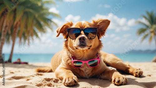 A small dog wearing sunglasses is lying on the beach.   © Muzamil
