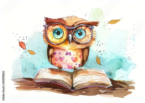 Adorable Cartoon Owl with Glasses Reading a Book Watercolor Art