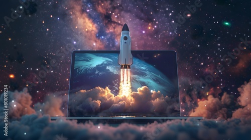 a space rocket launching from it, with a beautiful cosmos background and twinkling stars. Launching Space Rocket From Laptop Screen. Generative AI photo