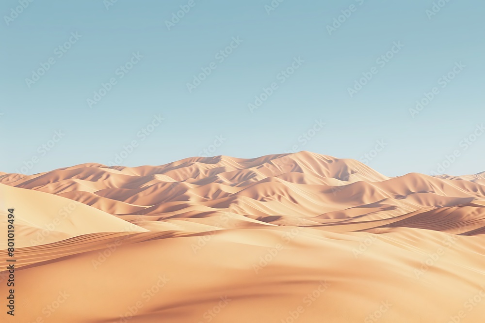 A desert landscape with towering sand dunes under a clear sky with copy space at the top.