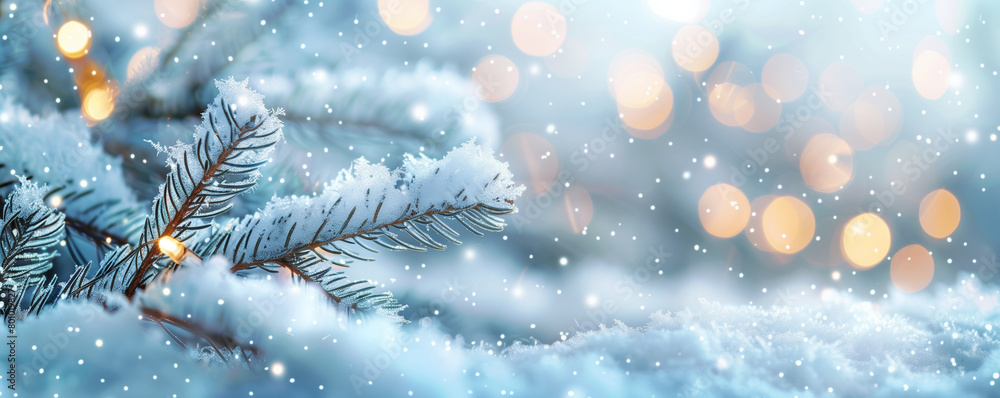 Snow-covered fir branches with twinkling lights. Snow-covered fir branches with twinkling lights.