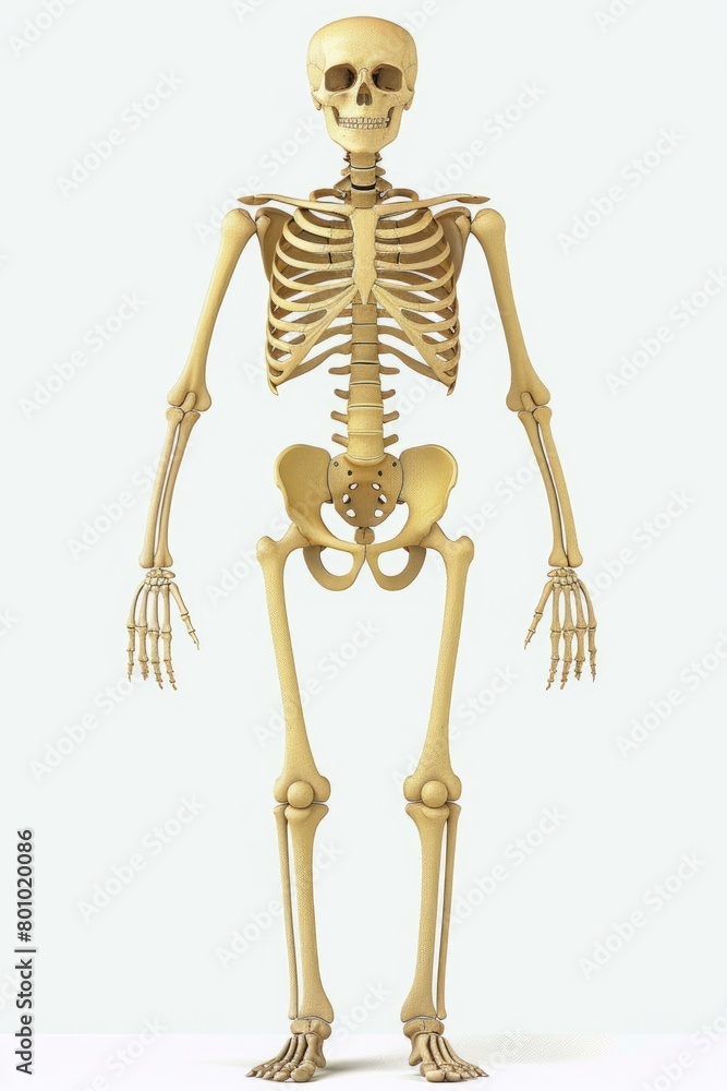 Anatomical Human Skeleton Diagram. Anterior View with Basic Bone Chart for Biology and Anatomy