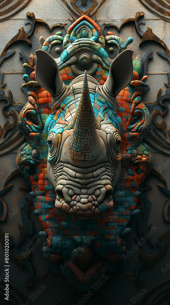 Obraz premium Rhino_Portrait_In_African_tiles_in_the_style_of_hyperrealistic_style (1)