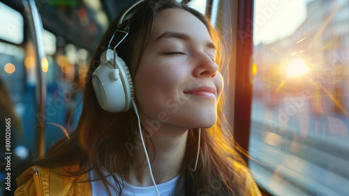 Happy teen passenger listening to the music traveling in a train and looking through the window photo