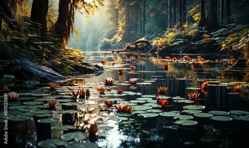 Tree-lined Lake With Lily Pads