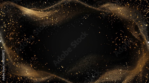 Luxurious gold dust particles flying on black background and text space