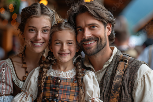 Family dressed in Bavarian costumes celebrating