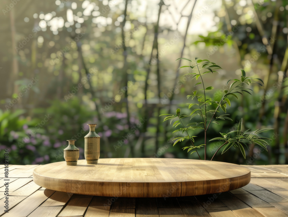 Natural Bamboo Podium, front view focus, with a Zen Garden Background Natural Bamboo Podium, front view focus, with a Zen Garden Background