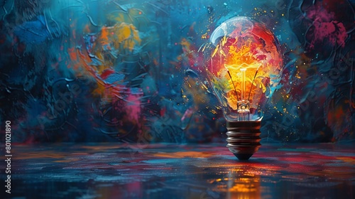 An explosion of vibrant colors and shapes emanating from an exploding light bulb, symbolizing the creative energy that flows through innovation. light bulb on a vibrant painted surface