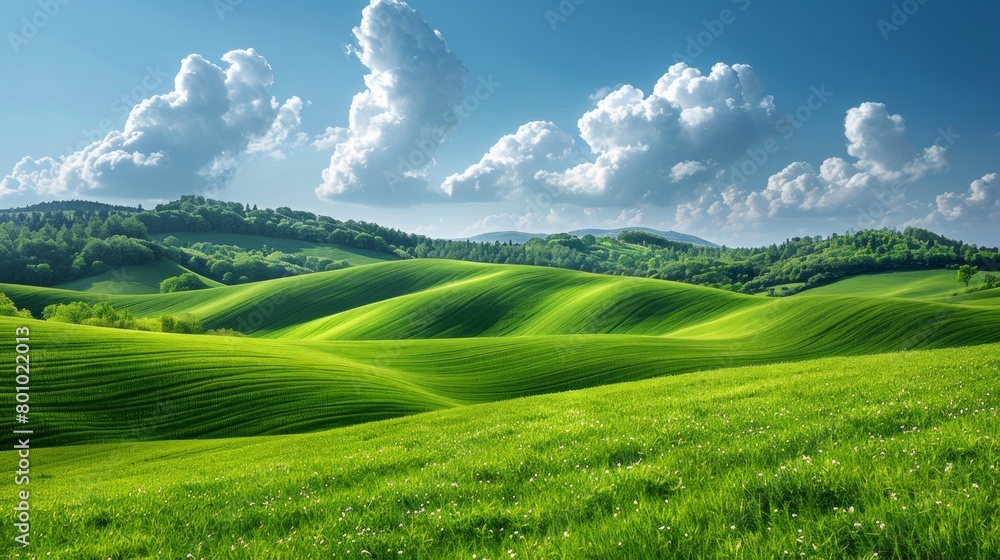 Fototapeta premium Beautiful green grassy hills under blue sky with white clouds. Landscape background. Serene Green Hills