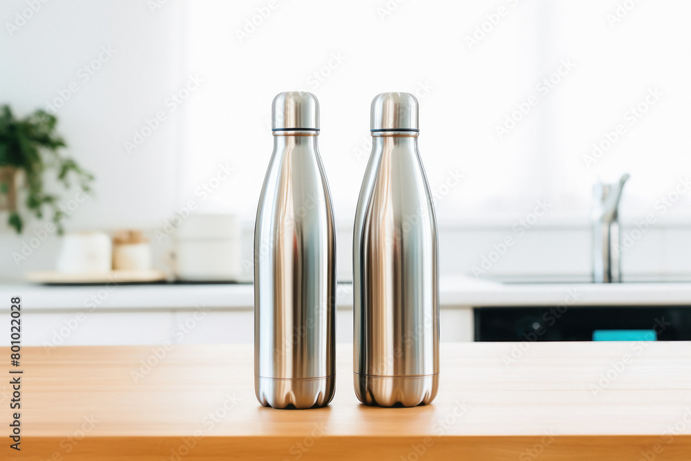 Two metal water bottle on the table Two metal water bottle on the table