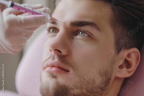 Young man receives botox injection for facelifting. Aesthetic medicine