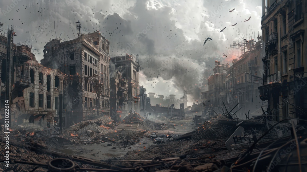 Dramatic city ruins building after battlefield conflict. Generated AI image