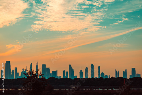 sunset over the Dubai city, panoramic view of the city during sunset