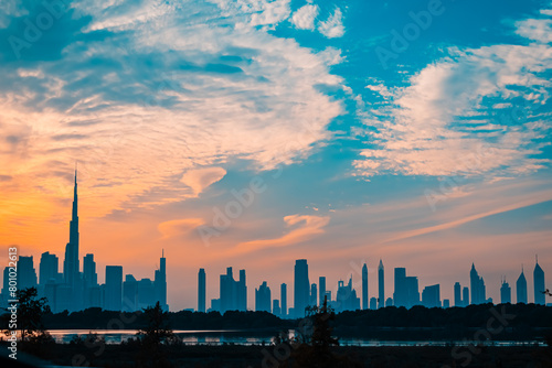 sunset over the Dubai city  panoramic view of the  city during sunset