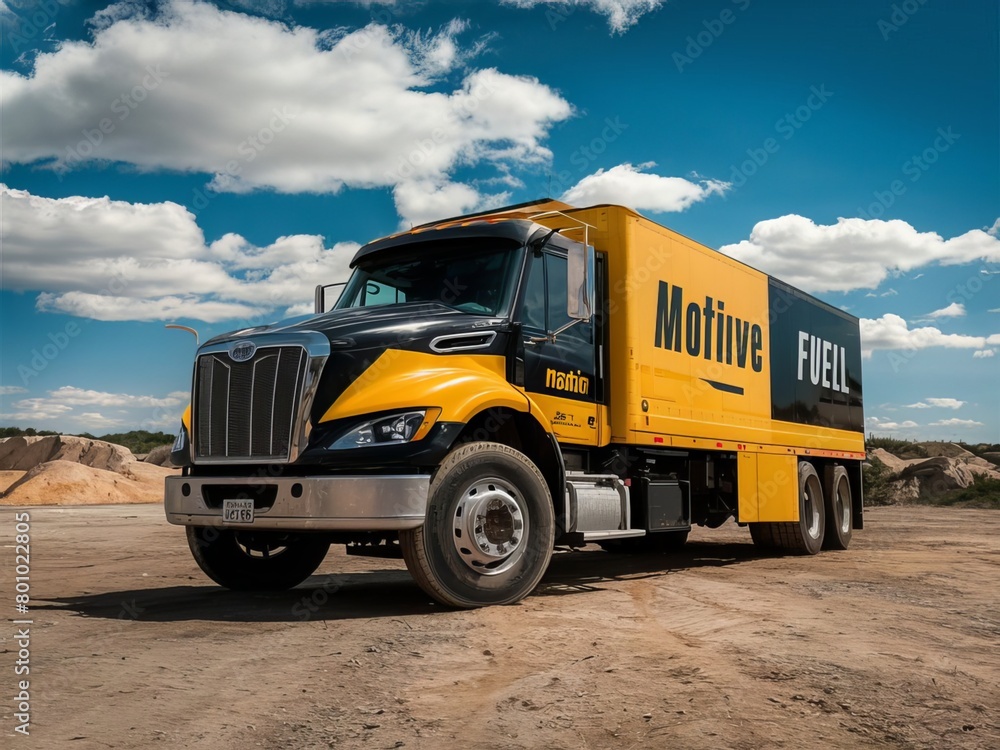 Text truck insurance, commercial truck insurance, cargo truck and Hotspot truck in yellow and black color truck Ai Generated