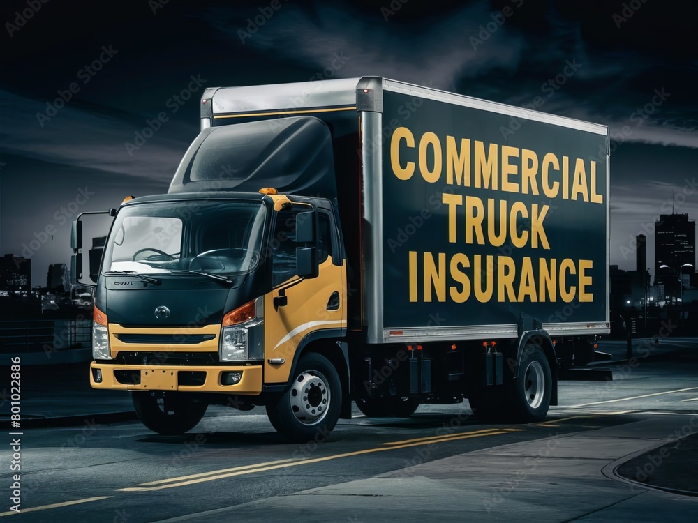 Text truck insurance, commercial truck insurance, cargo truck and Hotspot truck in yellow and black color truck Ai Generated