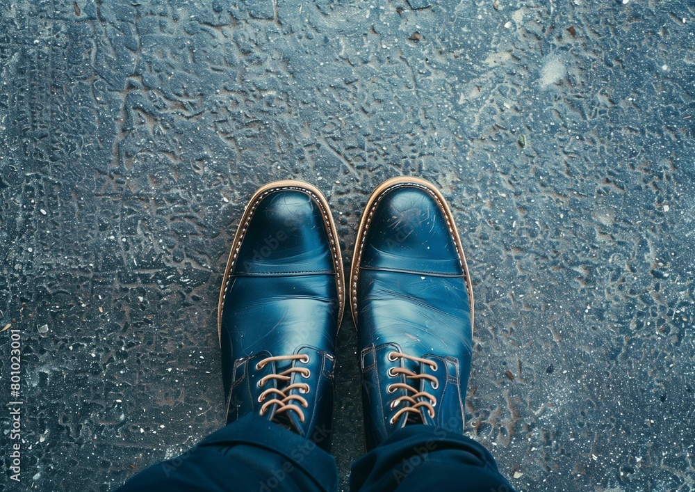 Classic Blue Leather Shoes with Laces on Pavement Top View Classic Blue Leather Shoes with Laces on Pavement Top View