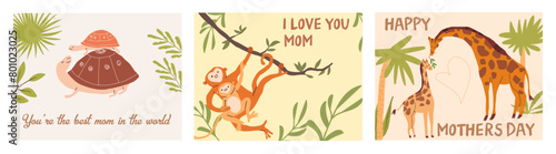 Mother's day card set, greeting card design with cute monkey and giraffe mom and baby. Happy holiday greeting card background, animal, mammal mom and baby cub in tropical jungle, love phrase, quote.