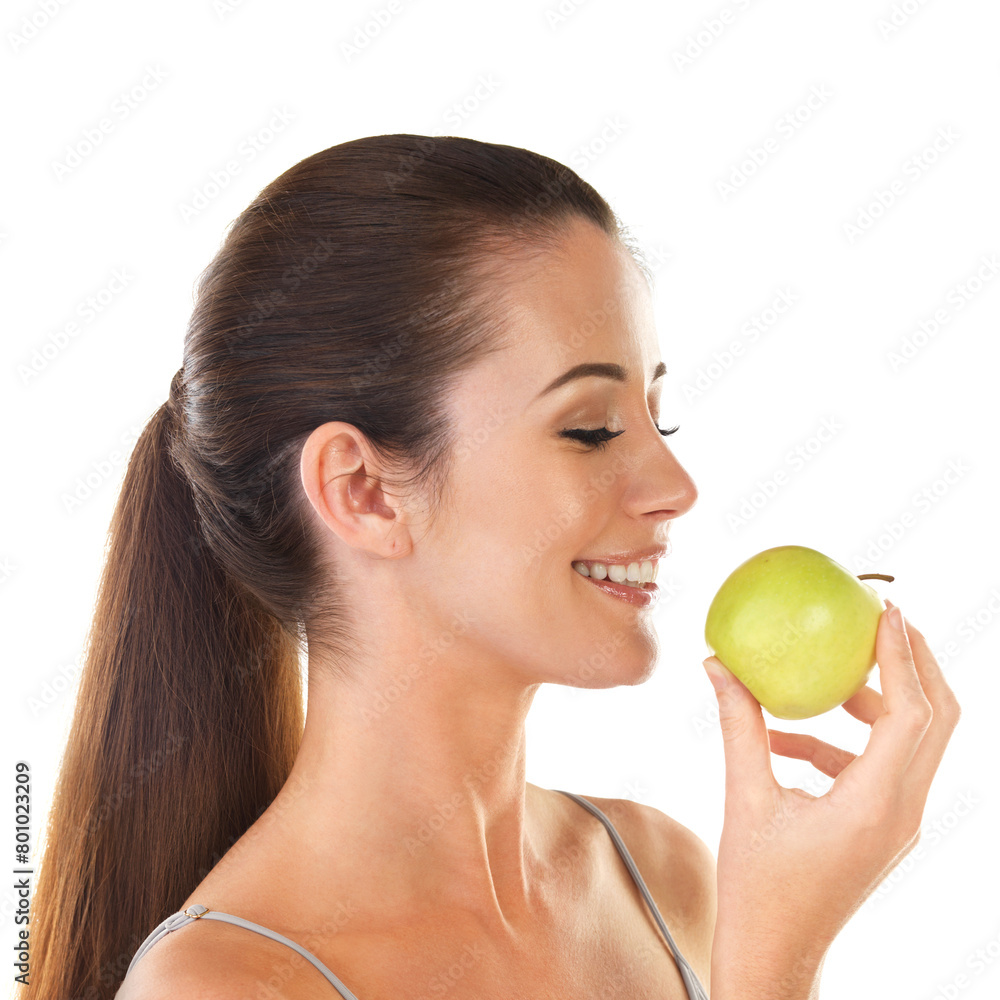 Woman, health and apple smile in studio on white background for digestion, nutrition and snack. Female person, happy and fruit fresh for organic vegan, food or diet for self care and wellness Woman, health and apple smile in studio on white background for digestion, nutrition and snack. Female person, happy and fruit fresh for organic vegan, food or diet for self care and wellness