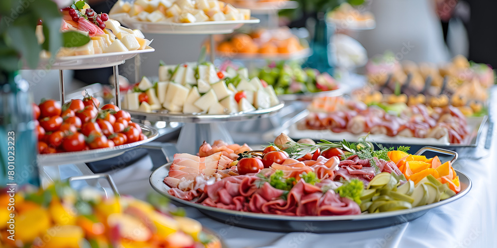 A covered self-service table organized catering with fruit vegetables and sandwiches . 