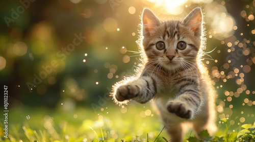 playful kitten leaping in the air, its paws outstretched on lush green grass with sunlight filtering through trees in the background.