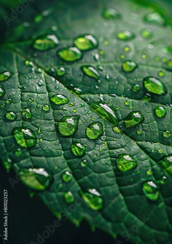 Green leaves with water drops close up. Nature background. Selective focus.