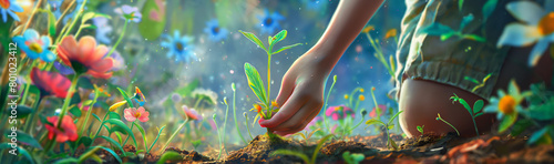 A young child carefully tends to a small growing plant in a vibrant, whimsical garden, evoking themes of growth, nurture, and nature photo