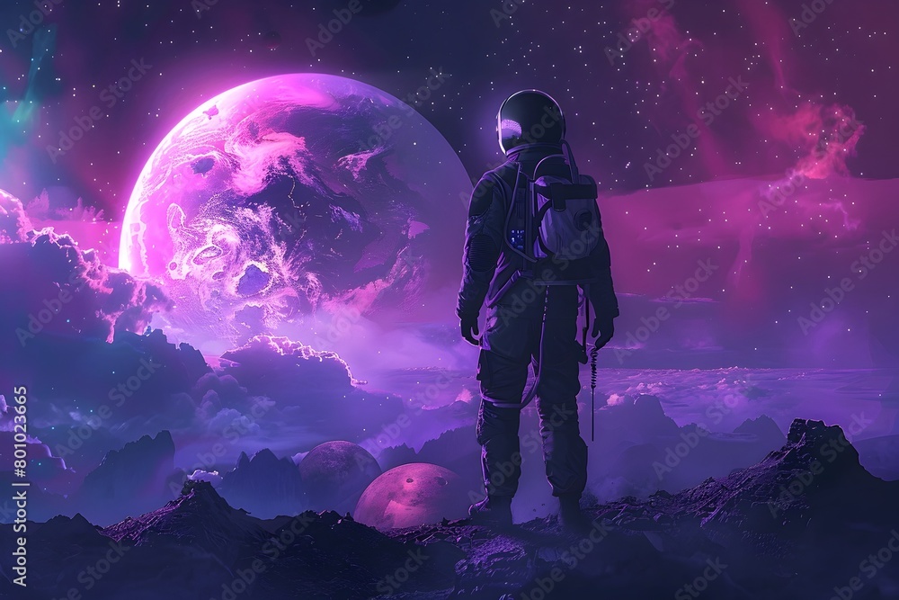 Solitary Astronaut Exploring Otherworldly Alien Landscape Amidst Vibrant Cosmic Splendor