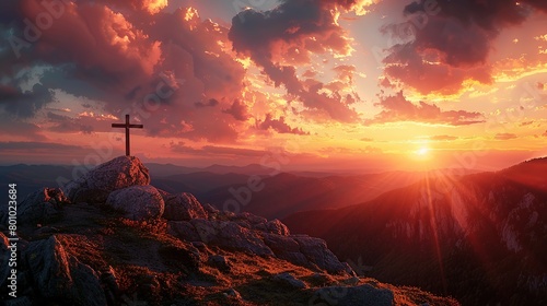 Cross on top of a mountain at sunset. #801023684