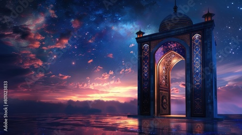 Islamic Ramadan greetings with ornamental door and galaxy sky background
