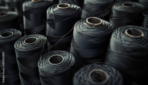 Black color spools of thread for the textile industry.	