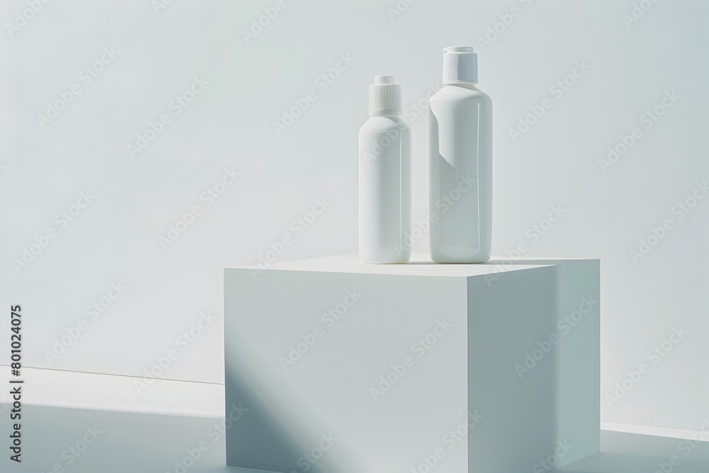 Two shampoo bottles displayed on a white geometric platform with a simple and minimalist composition Two shampoo bottles displayed on a white geometric platform with a simple and minimalist composition