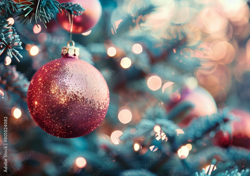 Festive Christmas Background with Red Glittery Ornament on Tree. Festive Christmas Background with Red Glittery Ornament on Tree.