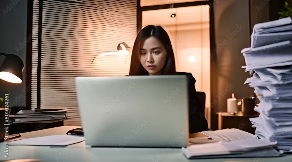 Endurance in Isolation: Portrait of a Resolute Asian Millennial Woman Battling Office Syndrome and Nighttime Overload while Working from Home.
Endurance in Isolation: Portrait of a Resolute Asian Millennial Woman Battling Office Syndrome and Nighttime Overload while Working from Home.