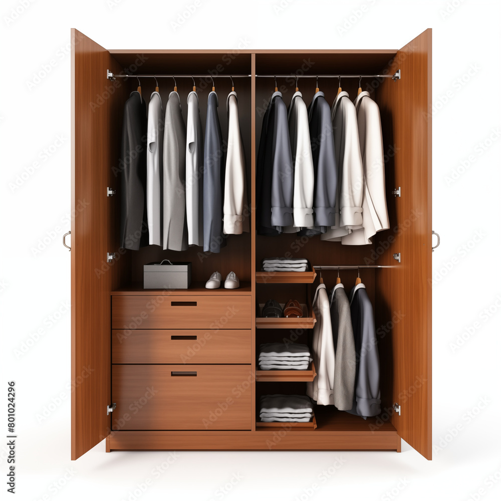 3D rendering of a wooden wardrobe with clothes hanging on it