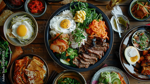 Traditional Korean meal featuring bibimbap in a stone bowl, accompanied by various side dishes. 