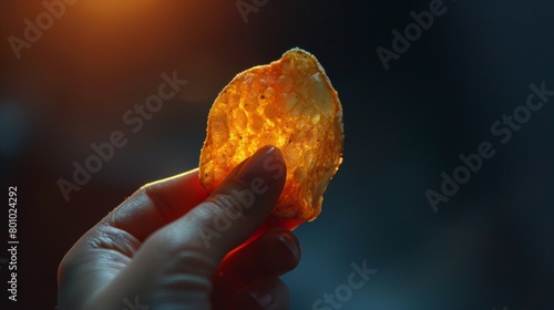 Hand holding a potato chips. Close-up.