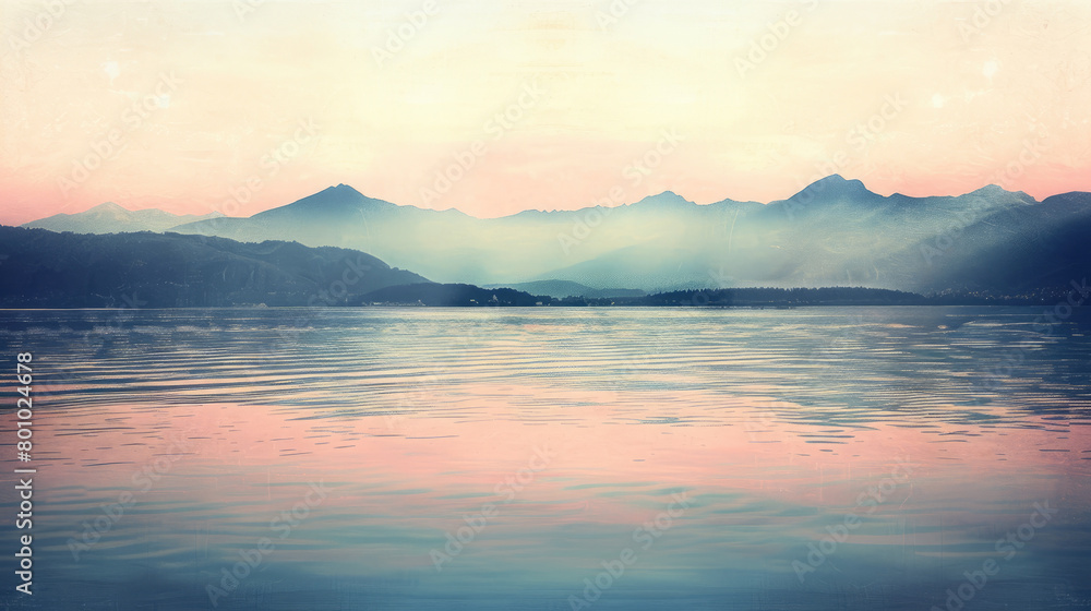 Watercolor painting depicting the beauty of a calm dawn over a misty lake with the silhouette of mountains in the distance