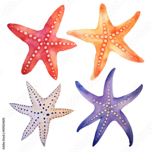 Set of cute starfish watercolor clipart hand drawn transparent background