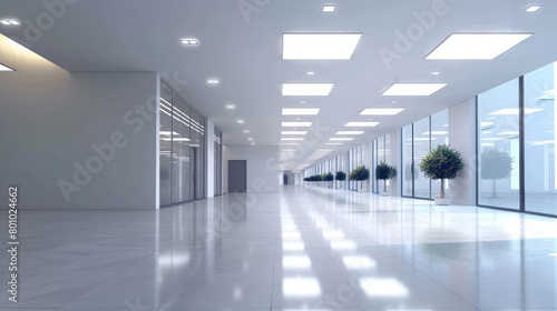 Interior of modern office building with white walls and large windows.