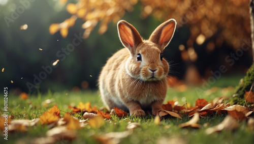 A brown rabbit is sitting on a bed of brown and green leaves. The rabbit is looking at the camera. There is a blurry background of green and brown foliage.