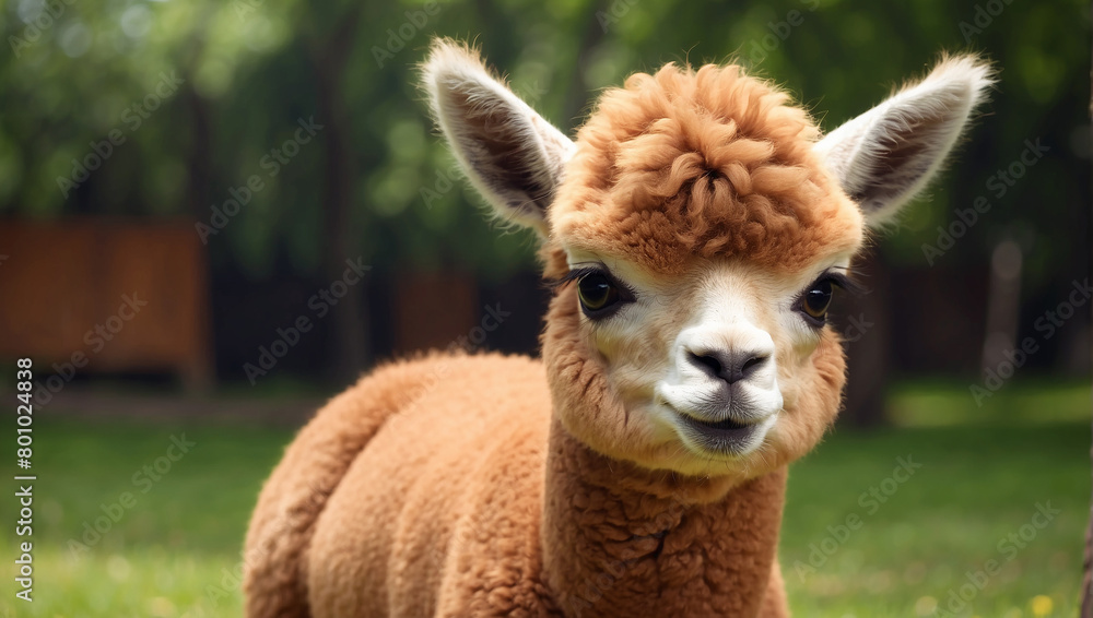 A close up of an alpaca's face. The alpaca is looking at the camera with a slightly angled head and has curly light brown fur.


