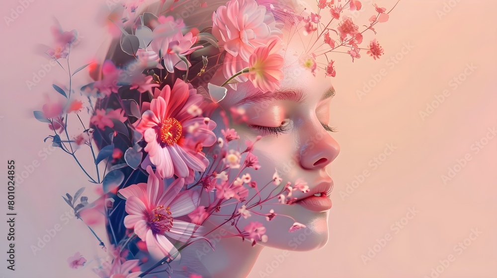 portrait of a woman with flowers a beautiful blend of blooming flowers and women Silhouette