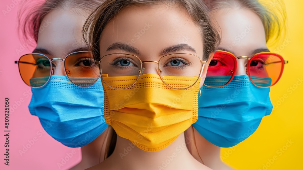 Three people wearing colorful face masks and stylish glasses against a bright pink and yellow gradient background