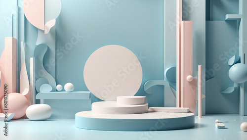 a 3D rendering of a podium or stage with a spotlight. The podium is a light blue color with a white spotlight shining down on it. There are several abstract shapes in the background in various shades 