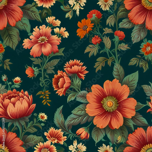 classic wallpaper seamless vintage flower pattern on green background 