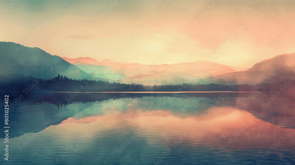 Watercolor painting depicting the beauty of a calm dawn over a misty lake with the silhouette of mountains in the distance